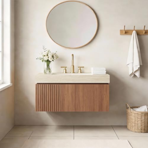 AmbroVania 36" Floating Bathroom Vanity with Sink, Modern Plywood Bathroom Storage Cabinet with Drawer and Door, Roma Travertine-Pattern Top with 3 Pre-drilled Faucet Holes Ceramic Basin, Dark Oak