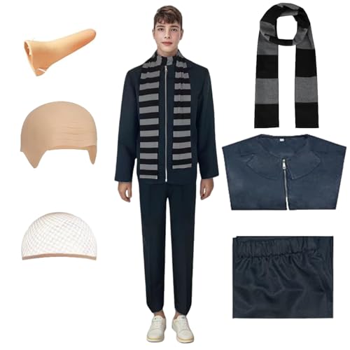 Buyoem Gru Costume Black Gray Striped Scarf Accessories Set Halloween Cosplay Costume for Adult Men (L)