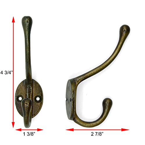 Vintage Cast Iron Wall Hooks (Antique Brass Finish, Set Of 4) - Rustic, Farmhouse Coat Hooks | Great For Coats, Bags, Towels, Hats | Classic Slender #TOP3