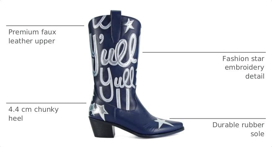 Image of Women's Mid Calf Western Cowboy Boots Pull On Cowgirl Boots with Fashion Star Embroidery Letter Pointed Toe Chunky Heel