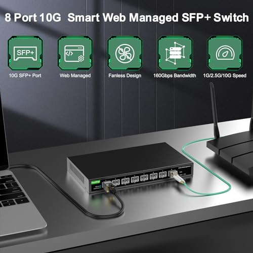 Image of 8 Port 10Gb SFP+ Switch, Smart Web Managed Network Switch for Home, Lab | 10G Fiber Switch Managed with Link Aggregation /QoS /VLAN /DHCP Client | Metal Housing | Fanless