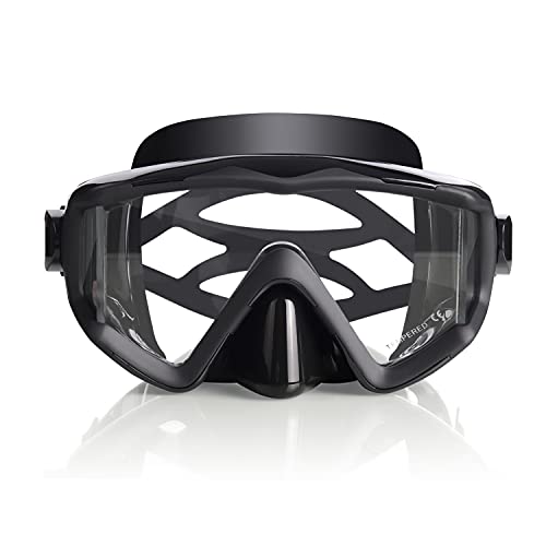 EXP VISION Adult Pano 3 Panoramic View Scuba Diving Mask, Tempered Glass Lens Snorkeling Dive Mask, Premium Swim Goggles with Nose Cover for Snorkeling, Freediving, Swimming (C All-Black)