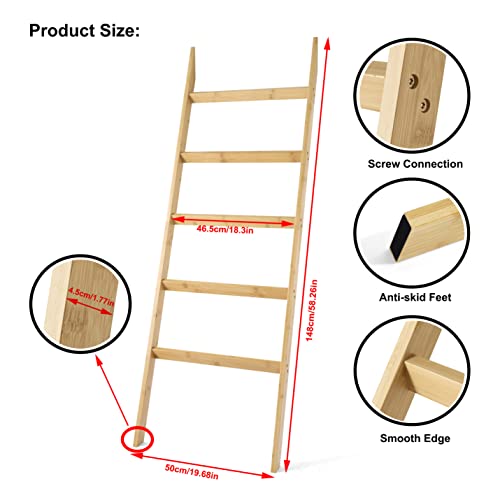Haorui Bamboo Blanket Ladder 5-Tier Towel Ladder Shelf Towel Racks For Bathroom Wall Leaning Blanket Ladders For Living Room, Bedroom #TOP5