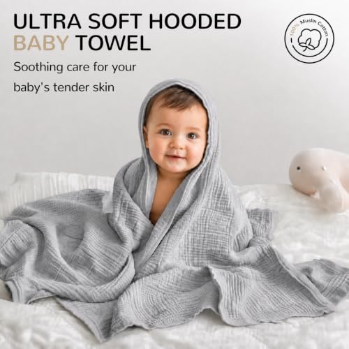 Image of Momsnug 3-Pack Muslin Hooded Baby Towels, Green + Grey + Apricot, 35 inch X 35 inch