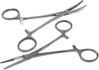 2 Pcs Kelly Hemostat Forceps Straight + Curved Surgical Clamps For Vet Tech Nurses, First Responders, Students, Dental Pliers Stainless Steel Multipurpose Tool Half Serrated Jaws 5.5