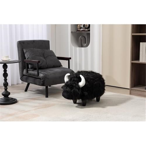 Pemberly Row Harry the Cow Storage Ottoman Black Faux Fur Upholstery Wood Frame Hidden Storage 14.96 W x 24.8 D x 14.56 H Kids Room Playroom or Living Room Furniture