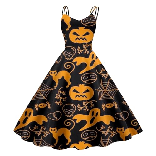 Lässiges Maxikleid im Boho-Halloween-Print für Damen Kleid Mit Spitze Langarm (Orange-d, M)