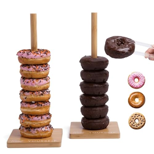 Bamboo Donut Stands for Dessert Table, Set of 2 w/ Tongs, Donut Holder Stand Party, Multipurpose Bagel Holder, Trendy Display for Party, Stylish Bagel Tower, Perfect Brunch Display, Sweet Birthday