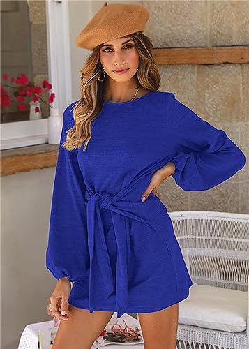 Image of PRETTYGARDEN Womens Spring Elegant Long Lantern Sleeve Short Dress Wedding Guest Crewneck Tie Waist Knit Cocktail Dresses