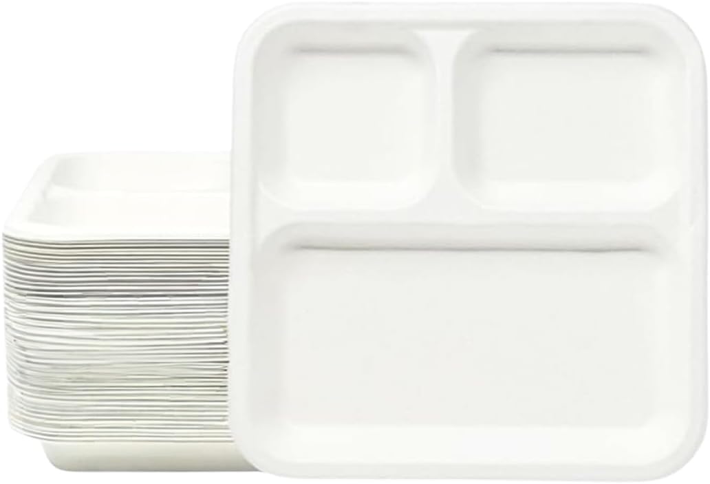 BioGreenPaper | 9 Inch 3-Compartment Square Plates 100 Pcs | Biodegradable, Disposable, Eco-Friendly For Party,Wedding And Catering | Biodegradable Sugarcane Bagasse (Pack of 100)