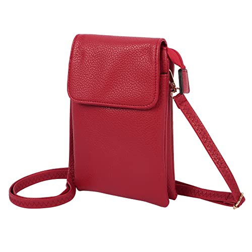 Apradas Telefonväska i läder för kvinnor, liten crossbody telefonväska påse handväska plånbok, damer mobiltelefon axelväska, 3 lager dragkedja kvinnor telefonväska med lång rem plånbok reseplånbok med korthållare, Vinrött