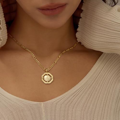 Initial Necklace for Women, 14k Gold Plated letter Necklace Dainty Gold Octagonal Necklace Figaro Chain Name Necklace Personalized Initial Octagonal Pendant Necklace for Women Trendy Gold Jewelry4
