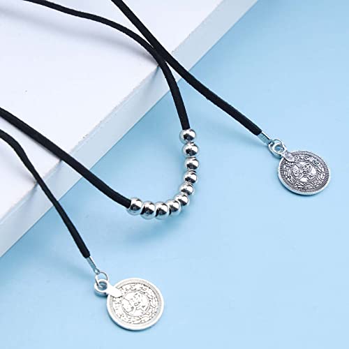 Yheakne Boho Lange Lederhalskette Schwarzes Leder Wrap Choker Halskette Vintage Disc Coin Halskette Vagan Wildleder Halskette Kette Schmuck für Frauen und Mädchen (Schwarz)