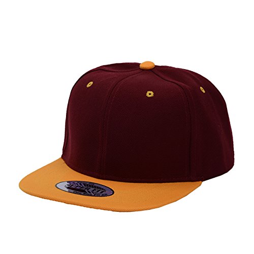 Blank Adjustable Flat Bill Plain Snapback Hats Caps (One Size, Burgundy/Gold)