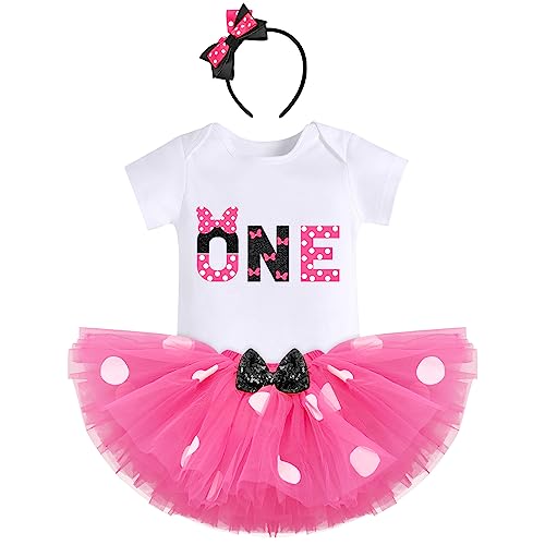 IBTOM CASTLE Polka Dots Party Outfit for Baby Girl 1st Birthday Top Princess Romper Bodysuit + Tutu Tulle Sequin Bows Skirt Set + Headband Photo Shoot Black + Hot Pink - 1T