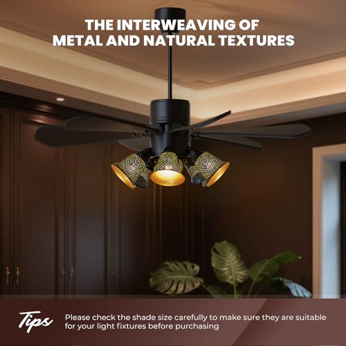 Image of pendant light shade, Metal Lampshade Etched Raindrop (Outer Black Inner Gold) Mini with 1-5 /8 inch Fitter Height 5.12 Inch Bottom Size:5.9inch for Wall Lamp or ceiling fan light covers
