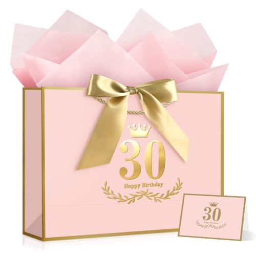 Image of JMANNI Pink Gold 30th Birthday Gift Bag with Card and Tissue Paper, 12.6 inchx8.66 inchx3.9 inch Elegant Present Bag for Adults, 30 Year Old Birthday Keepsake Party Supplies
