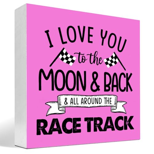 z-crange I Love You To The Moon And Back And All Around The Race Track Wood Box Sign Desk Decor,Farmhouse Racing Checkered Flags Box Block Sign for Home Boys Room Shelf Table Decor Decorations Purple
