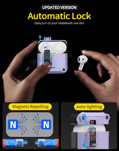 Image of Pohgelan for AirPods 4 Case with Safety Lock-Purple | Carbon Fiber Texture Cover,Magnetic Automatic Lock with Cleaning Kit&Keychain,Compatible with Magsafe