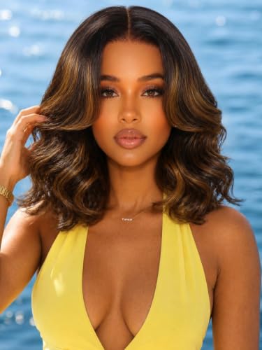 Image of KLAIYI Bye Bye Slip Ombre Highlight Balayage Brown Bob Body Wave Glueless Precut 7x5 Lace Front Wigs Human Hair Drawstring Pre Plucked Bleached Knots Face Framing 30S Ready to Wear and Go Wig 14Inch