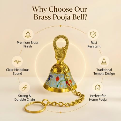 Image of DSH Pure Brass Pooja Room Hanging Bell with Chain Set of 2, for Temple Mandir Home Decorative Bell (Sky Blue)
