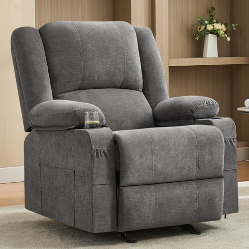 Rocker Recliner Chair, Comfy Lazy Boy Rocking Recliner Chair for Adults, Manual Recliners with Side Pocket & 2 Cup Holders for Living Room Bedroom, Grey