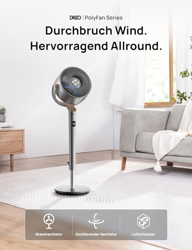 DREO Smart Standventilator, 120°+120° Oszillierend Ventilator mit Wi-Fi/Sprachsteuerung, 20dB Leiser Bodenventilator für Schlafzimmer, einstellbare Höhe, 8 Geschwindigkeiten, 6 Modi, 12H Timer 3