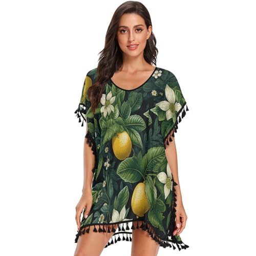 KAAVIYO Repeating Pattern Strawberry Lemons Women's Beach Cover Up Chiffon Tassel Swimwear Swimsuit Coverups for Girl