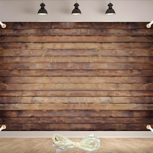 Wood Backdrop for Photography 7x5ft Polyester Brown Wooden Backdrop Photographers Retro Rustic Wood Wall Background Cloth Seamless Backdrops Props with 19.68ft Ribbon
