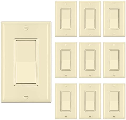[10 Pack] BESTTEN Ivory Single Pole Decorator Wall Light Switch with Wallplate, 15A 120/277V, On/Off Rocker Paddle Interrupter, UL Listed