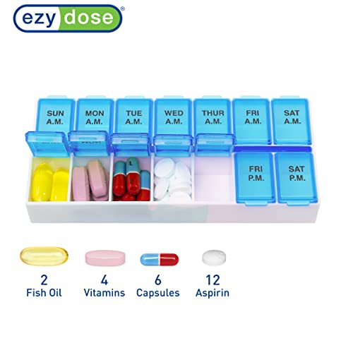Image of Ezy Dose Weekly (7-Day) AM /PM Pill Organizer, Medium Medicine Case, Blue | Daily Vitamin Box & Supplement Planner, Pop-Up Lids, 2 Times a Day Compact Pill Holder, Portable & Travel-Friendly, BPA-Free