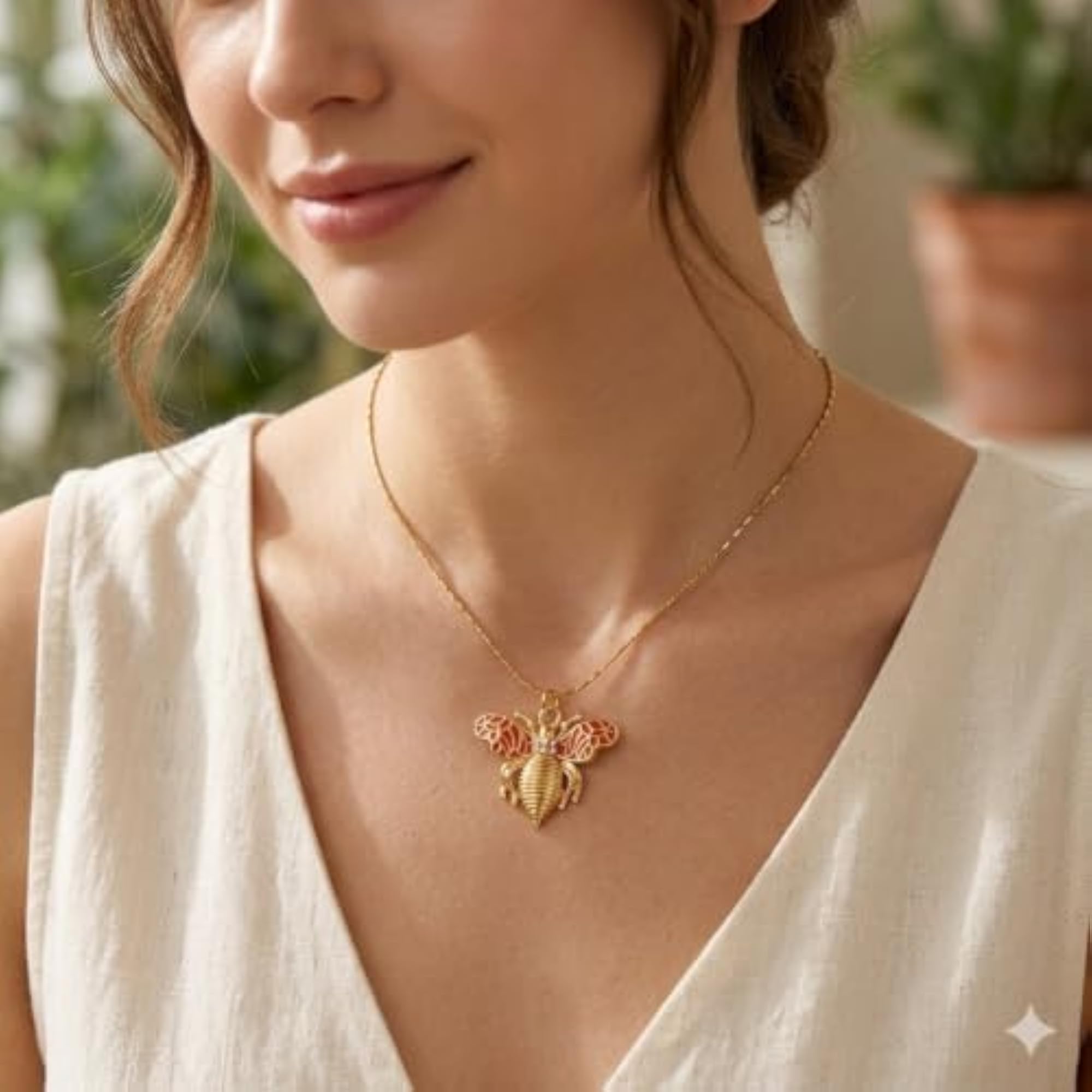 Women's Gold Tone Bee Pendant Necklace with Red Enamel Wings