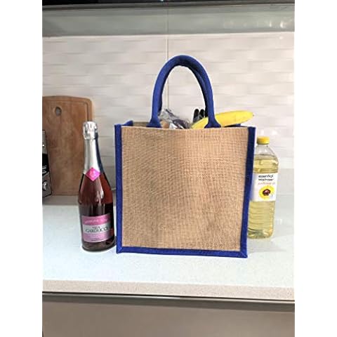 Medium large natural jute bag with contrasting blue handle and blue sides and natural jute bag with pink handle and sides Pack size 1 to 100 30cm x 30cm x 20cm (Blue sides & handles, 1) Cover