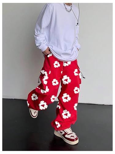 OYOANGLE Men's Flower Print Cargo Pants Drawstring Waist Flap Pocket Y2K Baggy Parachute Trousers4
