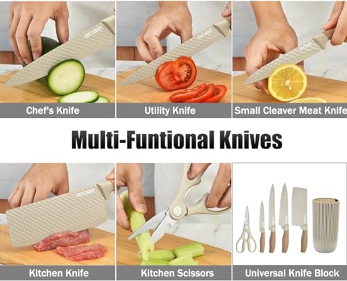Image of Knife Set, 6-Piece Khaki Kitchen Knife Set for Home, Anti-Rust Non-Stick Stainless Steel Sharp Chef Knife Sets with Universal Knife Block for Kitchen, Ergonomical Design (Khaki)