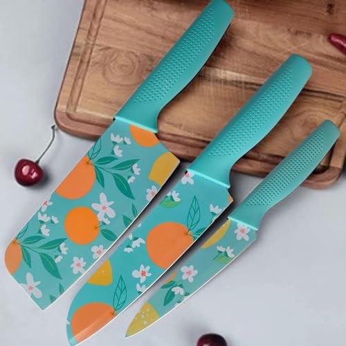 Image of ECOBSY 3 Piece Floral Kitchen Knife Set Stainless Steel - Chef Knife, Utility Knife & Paring Knife with Non-Slip Ergonomic Handle, Ultra Sharp Anti-Rust Blades for Home Kitchen & Restaurant Use