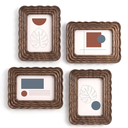Novabright 4 Pack 4x6″ Layered Wavy Wooden Picture Frames with Real Glass, Decorative Photo Frames for Tabletop & Wall Display, Vintage Gallery Wall Decor, Walnut Finish, Graduation Housewarming Gifts
