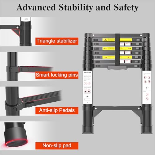 Image of Telescoping Ladder, 8.5 FT 330 Lbs Aluminum Extension Ladder, Black | Telescopic, Collapsible & Adjustable, Compact Retractable Ladder for House, Roof, RV & Travel Trailer