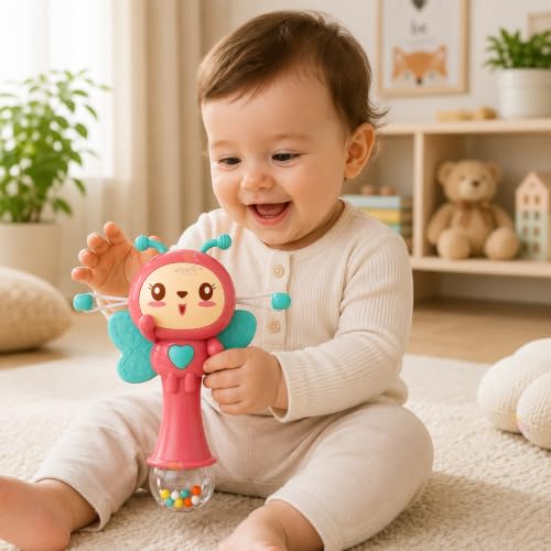 Image of WISHKEY 3-in-1 Musical Rattle Drum Teether Toy for Kids | Light & Sound Baby Rattle Toy with Butterfly Design | BPA-Free, Safe Plastic Battery Operated | Toy for Toddlers Assorted 3+ Years (Pack of 1)