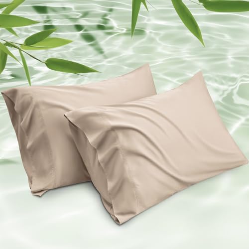 Bedsure Cooling Pillow Cases Standard Size, Rayon Derived from Bamboo Standard Pillowcases Set of 2, Breathable & Silky Soft Cool Bedding Pillow Covers with Envelope Closure, Khaki, 20x26 Inches