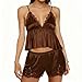 XBTCLXEBCO Women's Satin Lace Pajama Set V Neck Babydoll Cami Top and Mini Shorts 2 Piece Sleepwear Sexy Lounge Silk Pj Sets (Dark Brown, S)