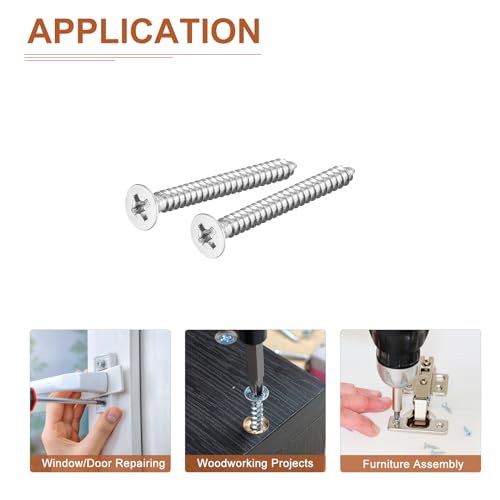 Image of DTGN 100Pcs #6x1-3 /8 inch Flat Head Wood Screws, 304 Stainless Steel Phillips Self Tapping Screws - Good for Woodworking, Furniture - Silver