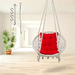 Curio Centre Make in India White Round Cotton Swing with L Shape Cushion & Chain Kit/Hammock Swing for Kids & Adults/Swing for Balcony/L-Cushion, Chain & Accessories Included (145x57x43 cm, White)