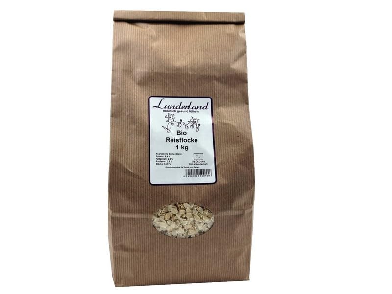 Lunderland Bio Reisflocke 1kg 100% geschälter, flockierter Rundkornreis (Vollkornflocke) Einzelfuttermittel für Hunde und Katzen