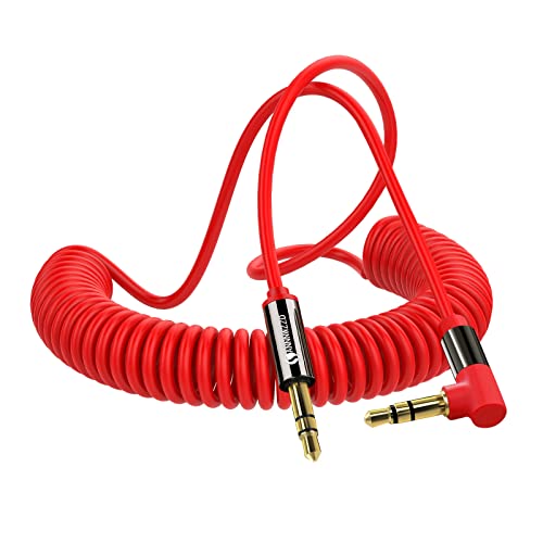 ANNNWZZD Audio 3,5mm Jack Spiralé Câble, Câble Audio Stéréo Angle Droit 3,5mm Mâle vers 3,5mm Mâle (Extended 1.5M)