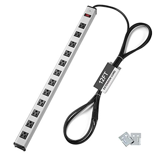 BESTTEN Wide-Spaced 12-Outlet Heavy Duty Metal Power Strip, 12ft Long Extension Cord, 15A/125V/1875W, On/Off Switch with Circuit Breaker, UL Listed, Silver