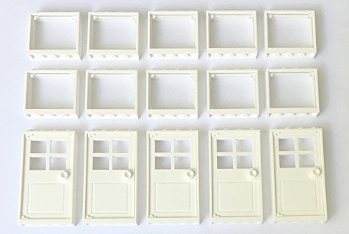 LEGO 15 Window & Door Bundle - 10 x 1x4x3 Windows With Glass & 5 x 1x4x6 Doors - White