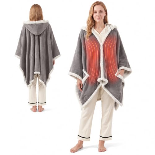 Image of Warmrest Wearable Heated Blanket Throw with Hood & Pockets, 152×127CM, Gray