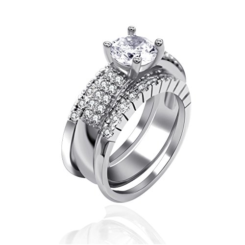 Uloveido Women's 3 pcs Set 2 Tones Platinum Plated Diamond Cut Round Clear Cubic Zirconia Bridal Wedding Band Rings (Rose Gold and Silver Color, Size 5 6 7 8 9) Y421