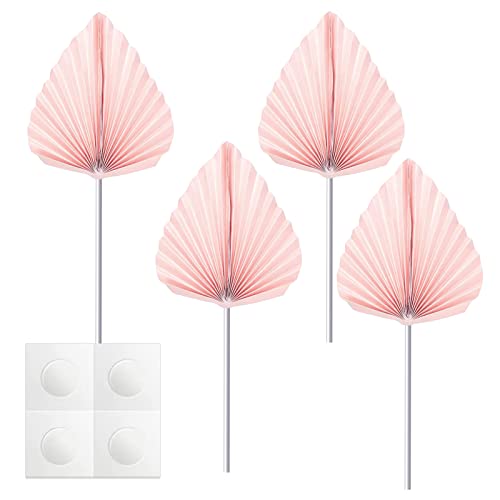 Udewo 4 Pcs Paper Palm Fan Cake Toppers, Palm Spear Leaf Cake Topper Fan Cupcake Toppers Cake Insert Decoration for Cake Decorating DIY Craft Project Home Wedding Party Décor, Pink